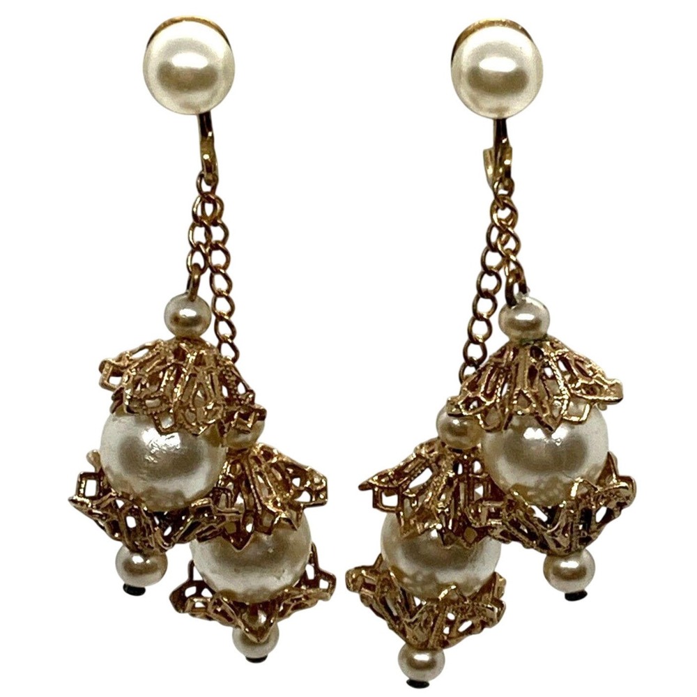 Vintage Gold Tone Filigree Faux Pearl Dangle‎ Drop Earrings Screw Back Ornate